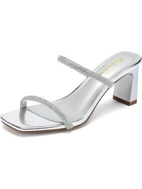 Women's Silver Rhinestone Square Toe Strap Slip On Block Heel Sandals